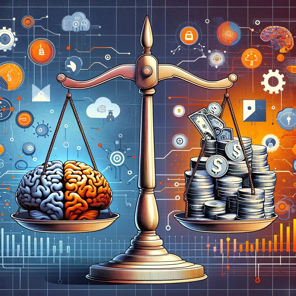 Bilancia con un cervello e delle monete, metafora dei costi dei large language model
