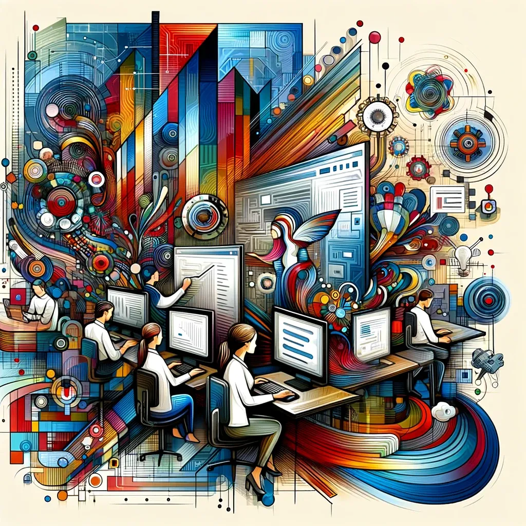 Persone al lavoro davanti a schermi in un collage colorato, simbolo dell'efficienza delle aziende software