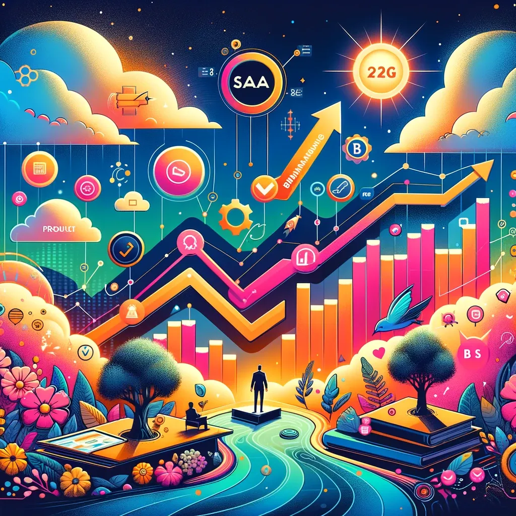 Grafico di crescita colorato tra paesaggi, simbolo dei trend del SaaS B2B