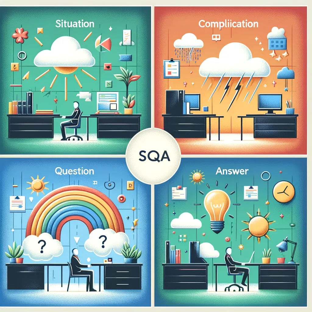 Illustrazione dei quattro passaggi del framework SCQA: situazione, complicazione, domanda e risposta