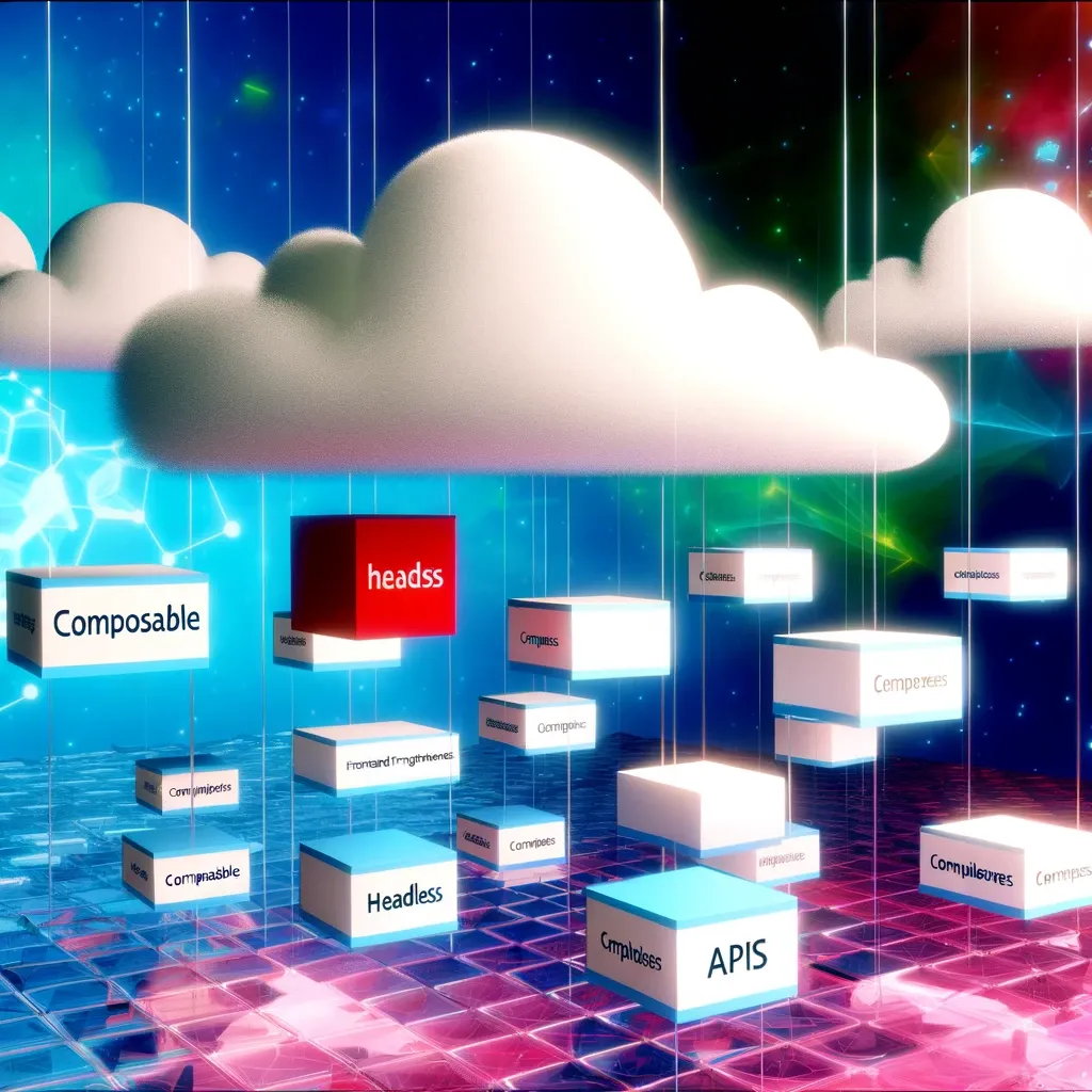 Nuvola sopra blocchi componibili con le scritte headless, composable e API