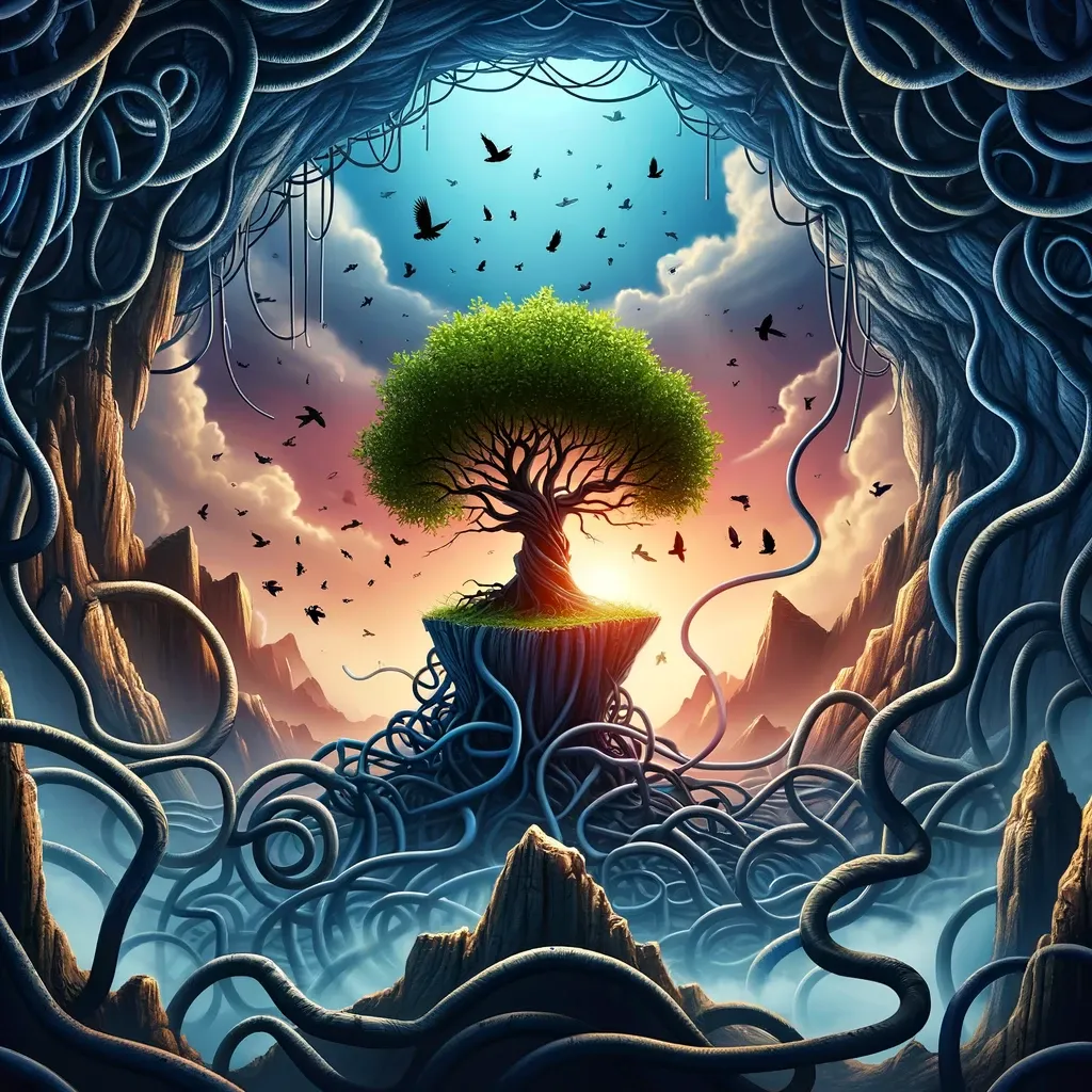 Albero con radici profonde in una caverna, metafora della ricerca delle cause profonde