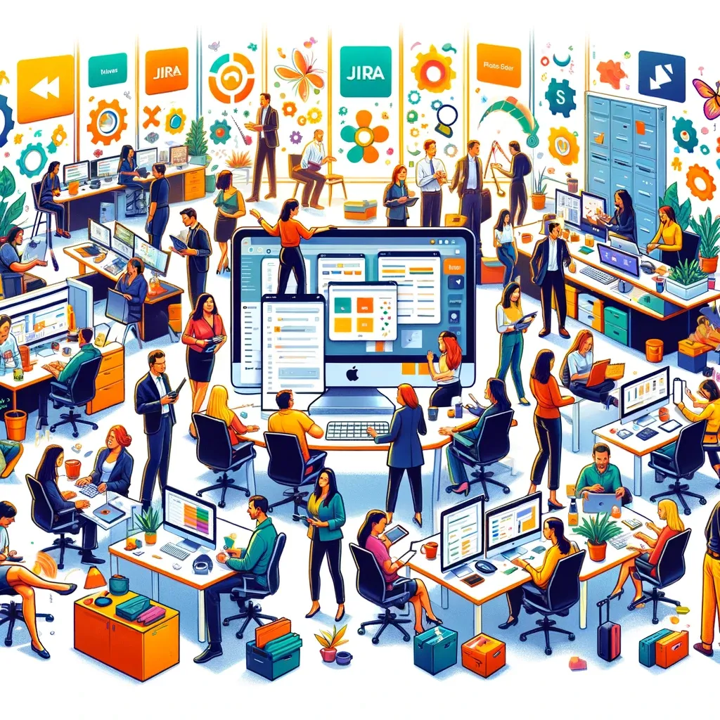 Ufficio affollato con team diversi che lavorano su Jira