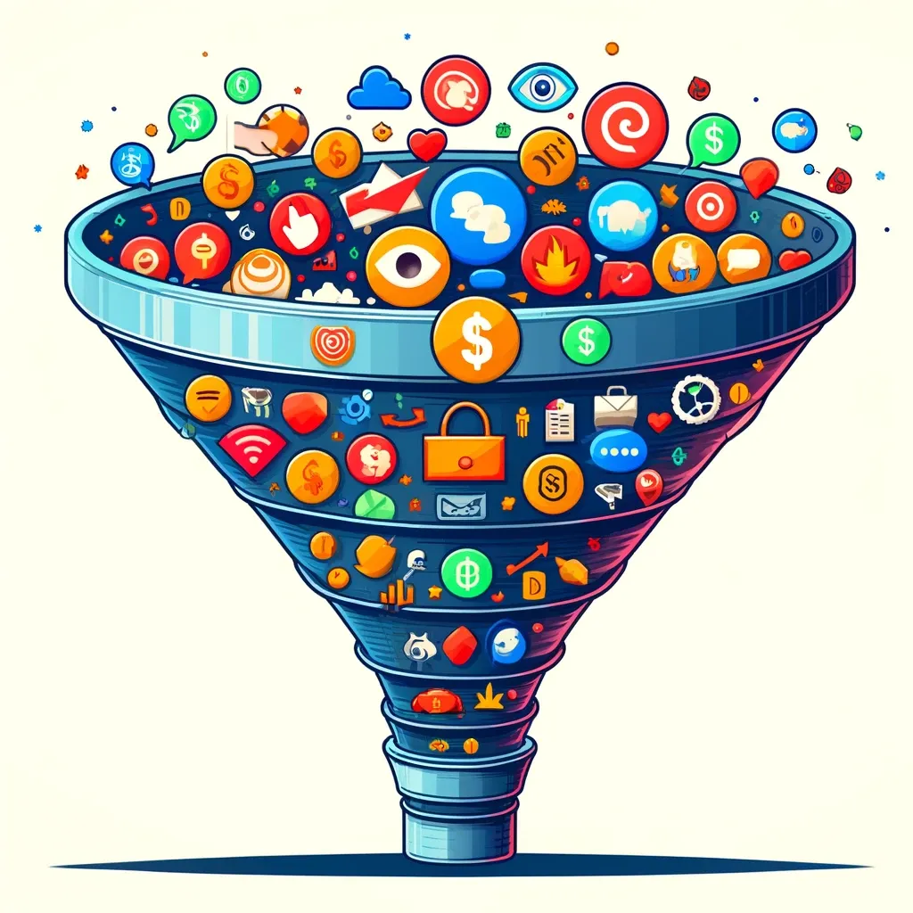 Illustrazione di un funnel di marketing che si restringe verso il basso, simbolo del bottom of the funnel