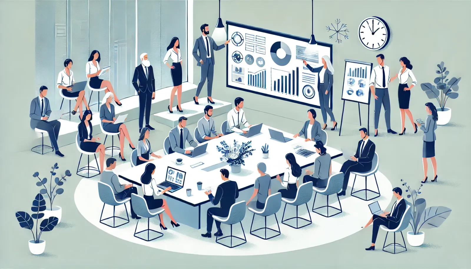 Riunione di lavoro con persone attorno a un tavolo e grafici alle pareti
