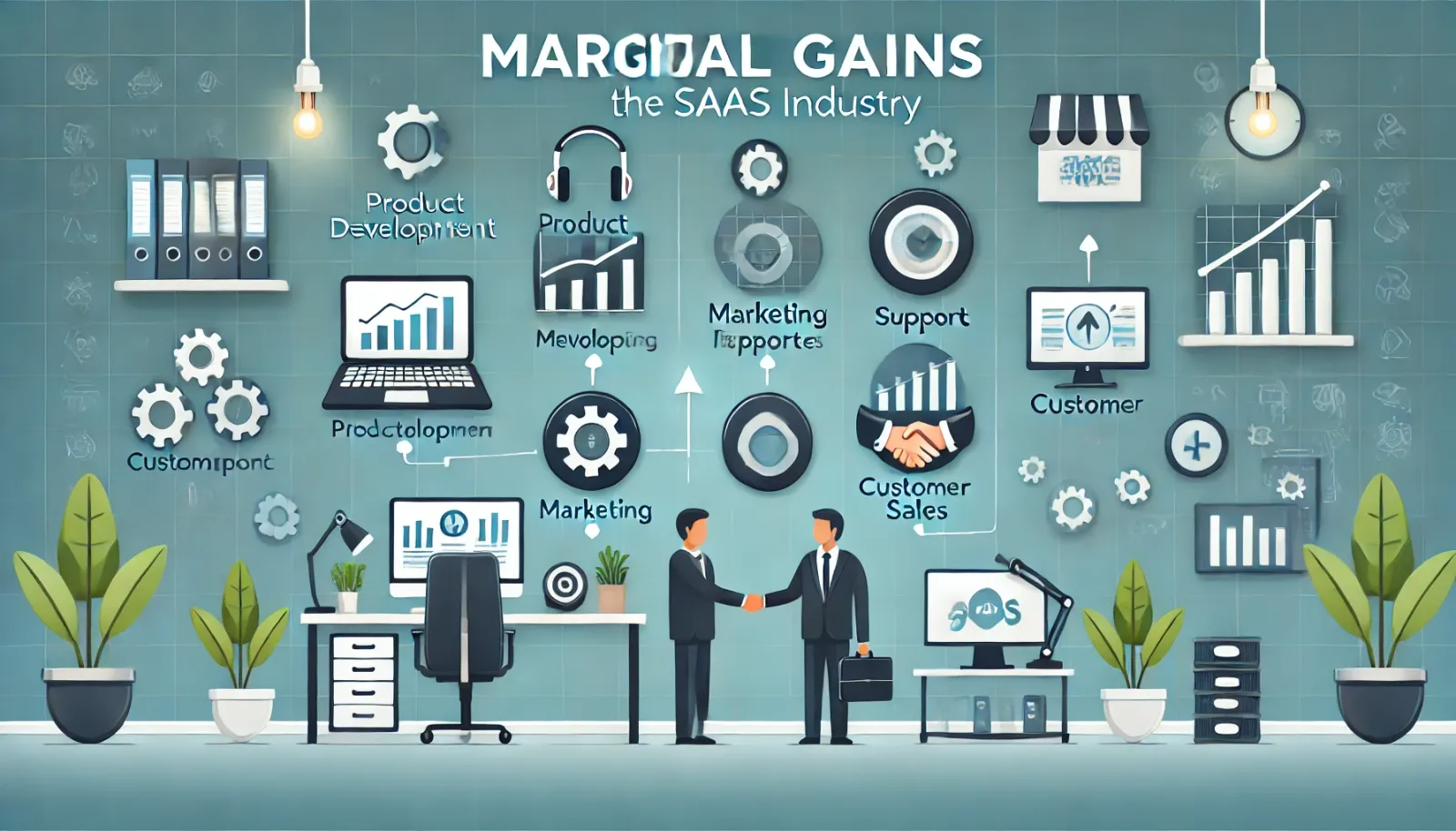 Ufficio con le aree prodotto, marketing, supporto e vendite migliorate a piccoli passi, metafora dei marginal gains